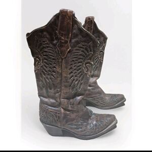 CORRAL Chestnut Marble Turquoise Winged Cowgirl Boots Snip R1013 Size 5.5M